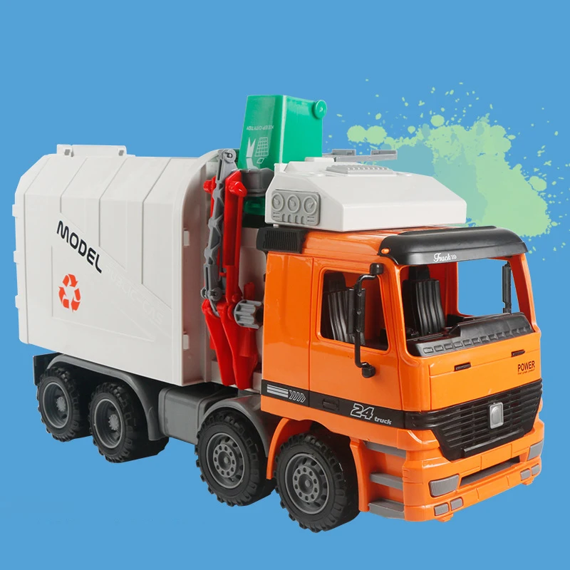 Large Size Children Simulation Garbage Orange Truck Sanitation Car Vehicle Toy Kid toys With 1 Garbage Can Hand cranking Operate images - 6