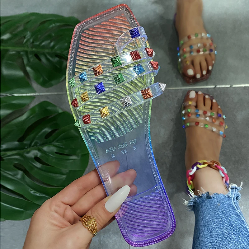 

Women Crystal Rivet Square Toe Flip Flop Slippers Woman Summer Beach Flats Female Casual Sheos Ladies Big Size Footwear