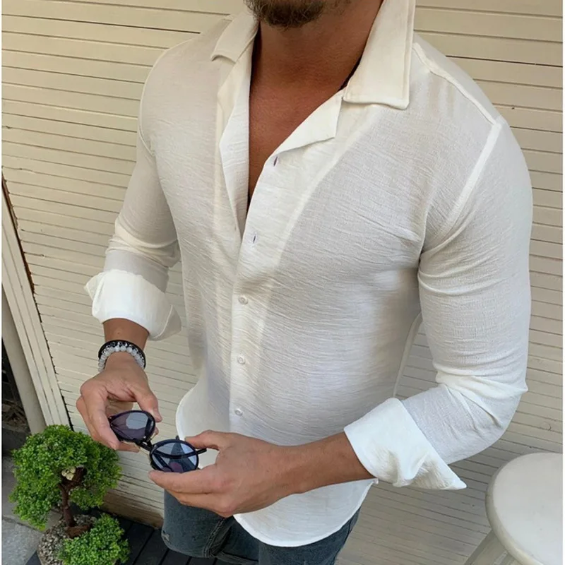 CYSINCOS мужская рубашка брендовая хлопок одноцветная мягкая с длинным рукавом