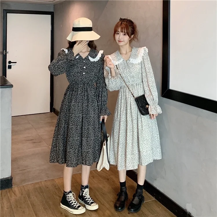 

Lace Peter Pan Collar Long Sleeves Chiffon Floral Tight Waist One-piece Dress Fairy Lady Super Fairy Mori Style Spring and