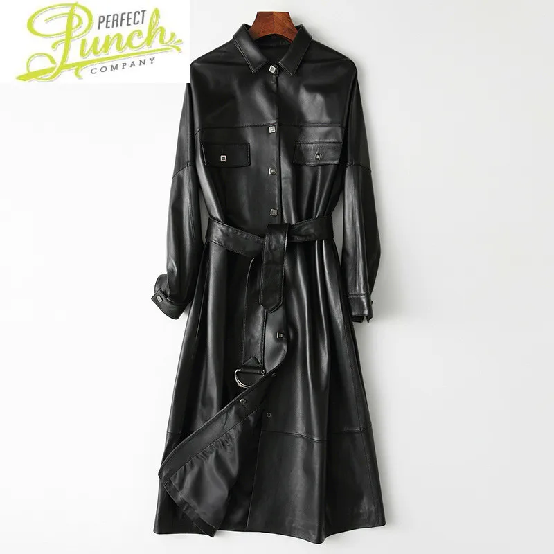 

Korean Long Real Leather Black Sheepskin Jacket Fashion Coats and Jackets Women Spring Chaqueta Cuero Mujer Pph450