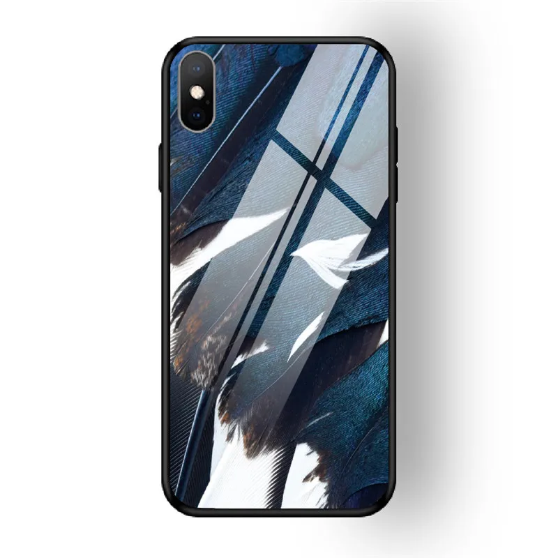 19 Чехол для iPhone X XS MAX XR для 6 6S 7 8 PLUS чехол из закаленного стекла с перьями красный желтый задняя чехол для iPhone 5 5S SE Funda - Цвет: 19