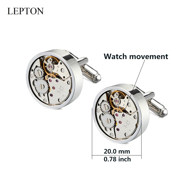 Lepton Watch Movement Cufflinks Wedding Groom Silver Color Round Steampunk Gear Watch Mechanism Cuff links for Mens Best Gift