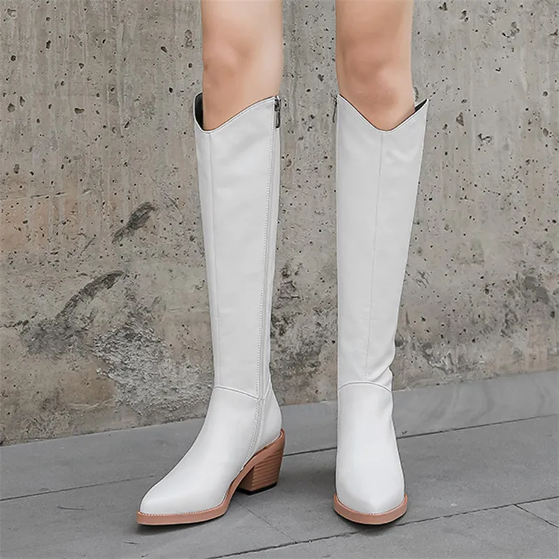 

Meotina Western Boots Women Shoes Real Leather High Heel Knee-High Boots Pointed Toe Thick Heels Zip Long Boots Lady Winter 42