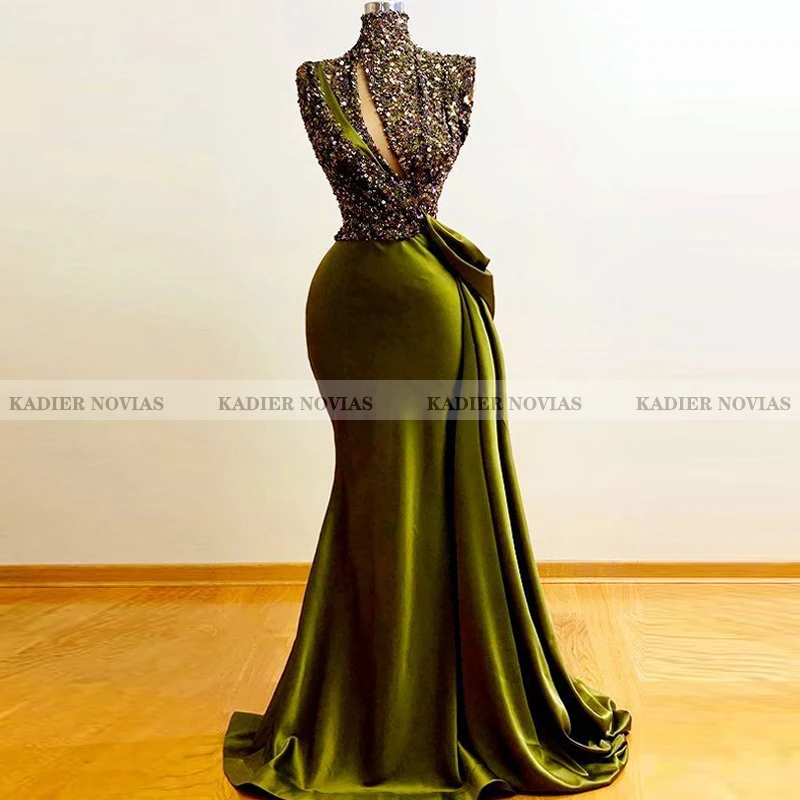 

KADIER NOVIAS Long Green High Neck Mermaid Satin Evening Dress 2021 Robe de Soiree Elegant Prom Dresses Vestidos De graduacion