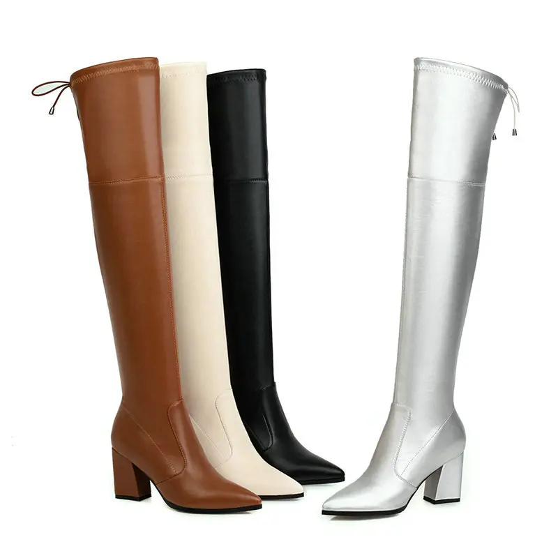

Autumn Winter Fashion Over The Knee Boots Women Square High Heel Thigh Boots Ladies Pointed Toe Cross Tied Shoes Woman