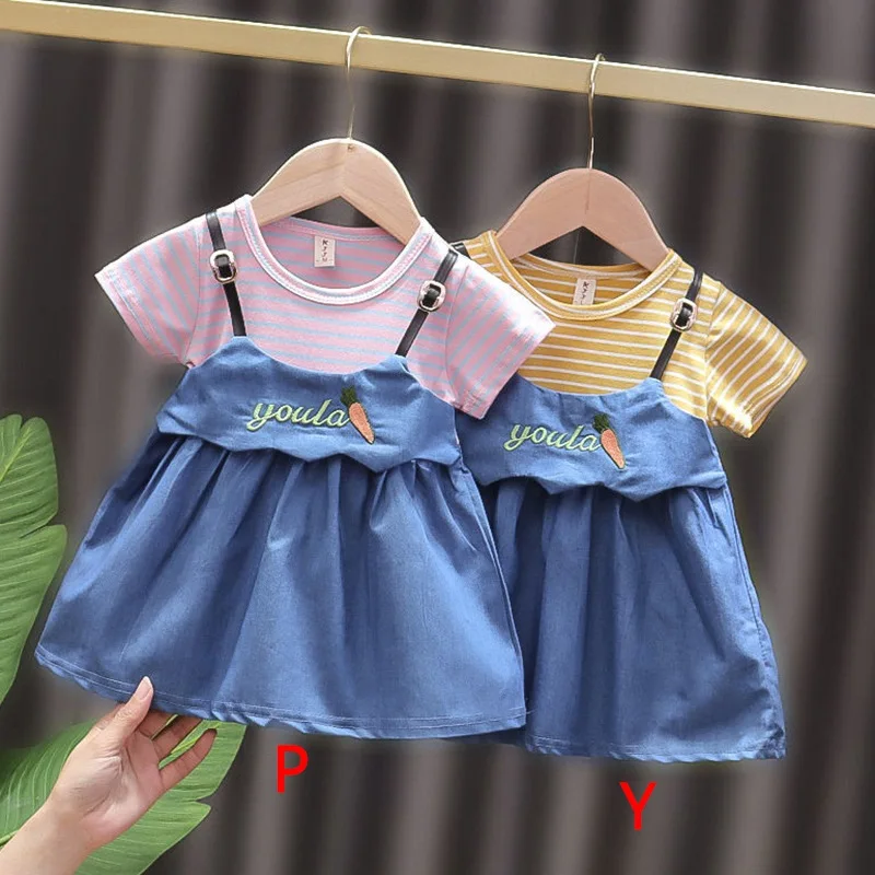 Одежда для маленьких девочек летнее платье футболка в полоску джинсовое с фальш
