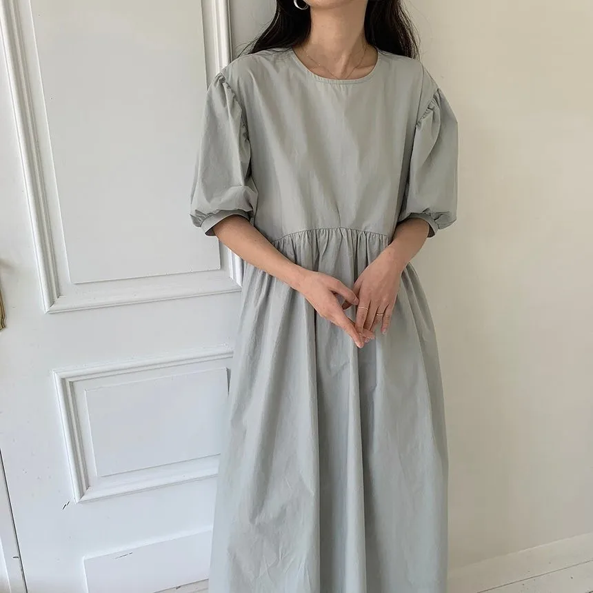 

HziriP A-Line Streetwear Brief All Match Chic Solid 2021 O-Neck Sweet Women New Short Sleeves High Waist Long Dresses Vestidos