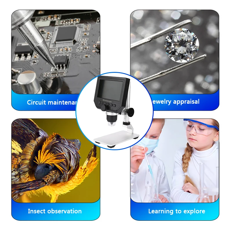 

600X Zoom Digital Microscope 3.6MP USB Video Microscope 4.3 inch LCD Display Aluminum Alloy Stand for PCB Inspection Repair