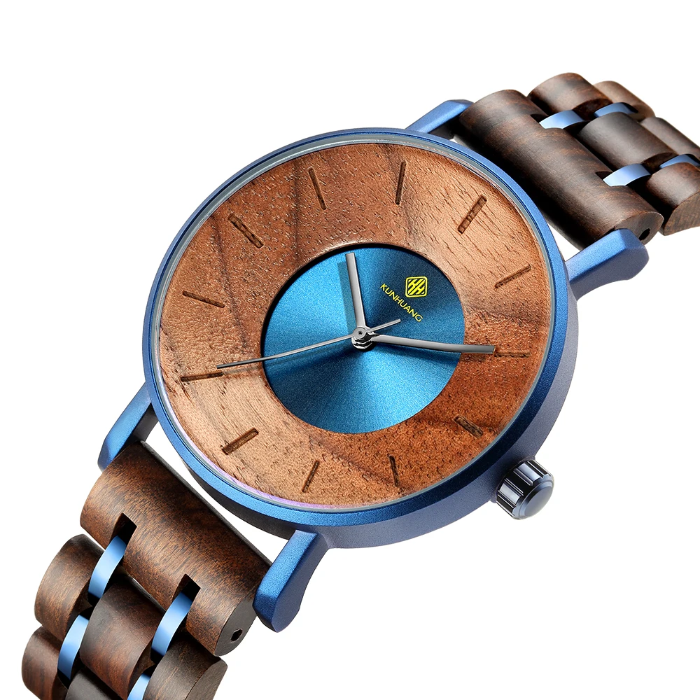 Kunhuang Wood Watch for Man Waterproof Watch Fashion Chronograph Military Calendar Personality Wood Sport Quartz Wristwatch