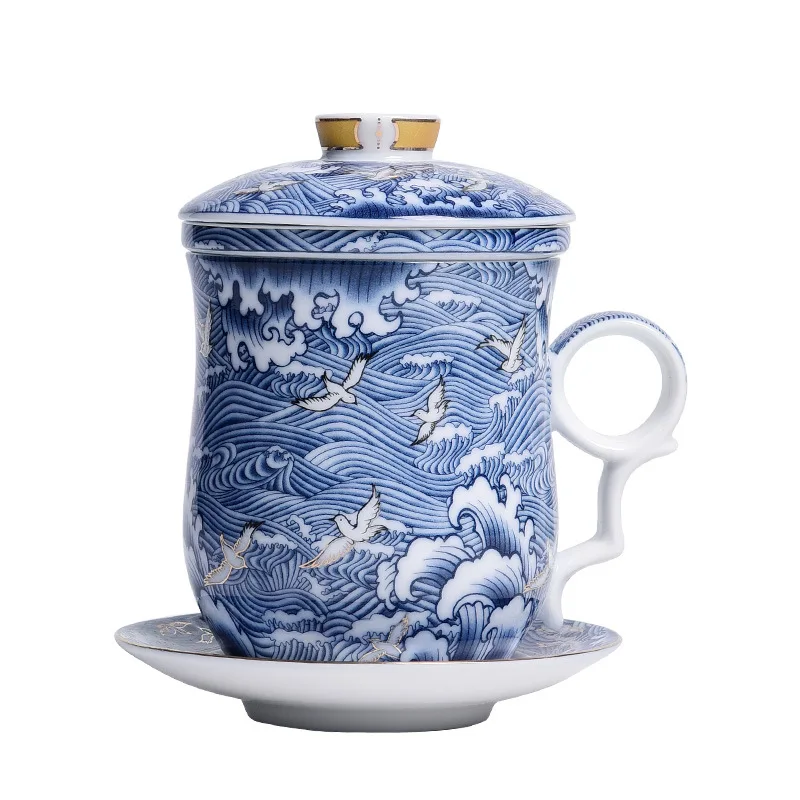 Серебряная чашка 999 чистая для здоровья синяя и белая керамическая воды