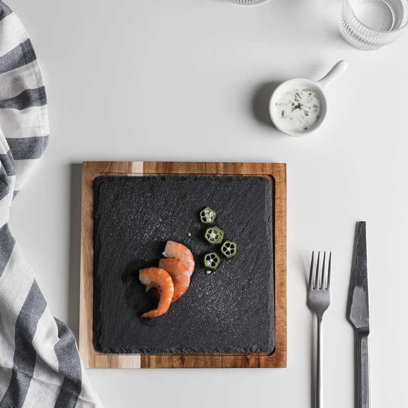 Натуральная деревянная доска с сланцевым камнем, поднос для кухни, суши, барбекю, тарелка для стейка, десерта, торта, поднос, Кухонное блюдо, ресторанные принадлежности