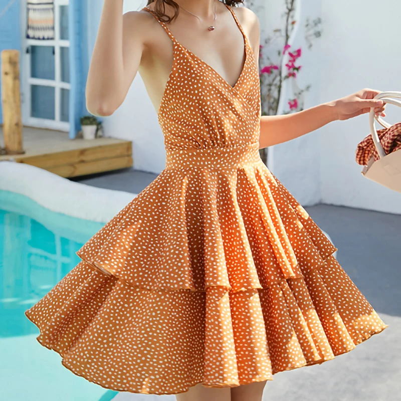 

Summer Women Mini Beach Dress Fashion Dot Print Chiffon Sexy Sling Backless Boho Vacation Tropical Party Elegant Dresses Vestido