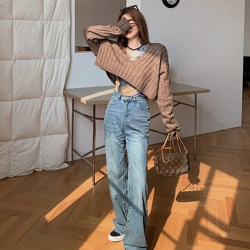 

Korean Loose Knitted Brown Sweater Female Fashion Oversized Pullovers Solid Tops Jumpers Women Spring New V Neck Cropped Tops
