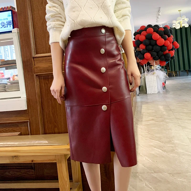 

SHZQ Women Genuine Leather Skirt 65cm Long Female Autumn High Waist Wrap Jupe Real Sheepskin Leather Skirts