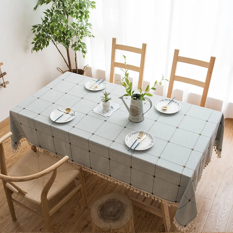 Однотонная льняная скатерть с кисточками водонепроницаемая маслостойкая