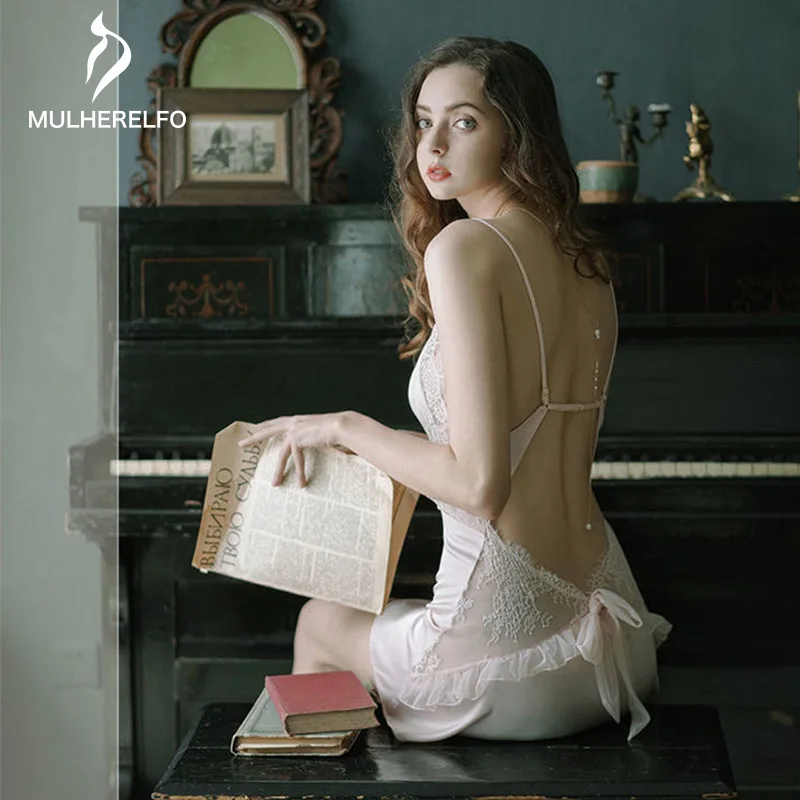 

Spaghetti Strap Lace Nightdress Backless Back Bow Lace-up Sexy Nightgown Women Sleepwear Ruched Hollow Perspective Pijama Femme