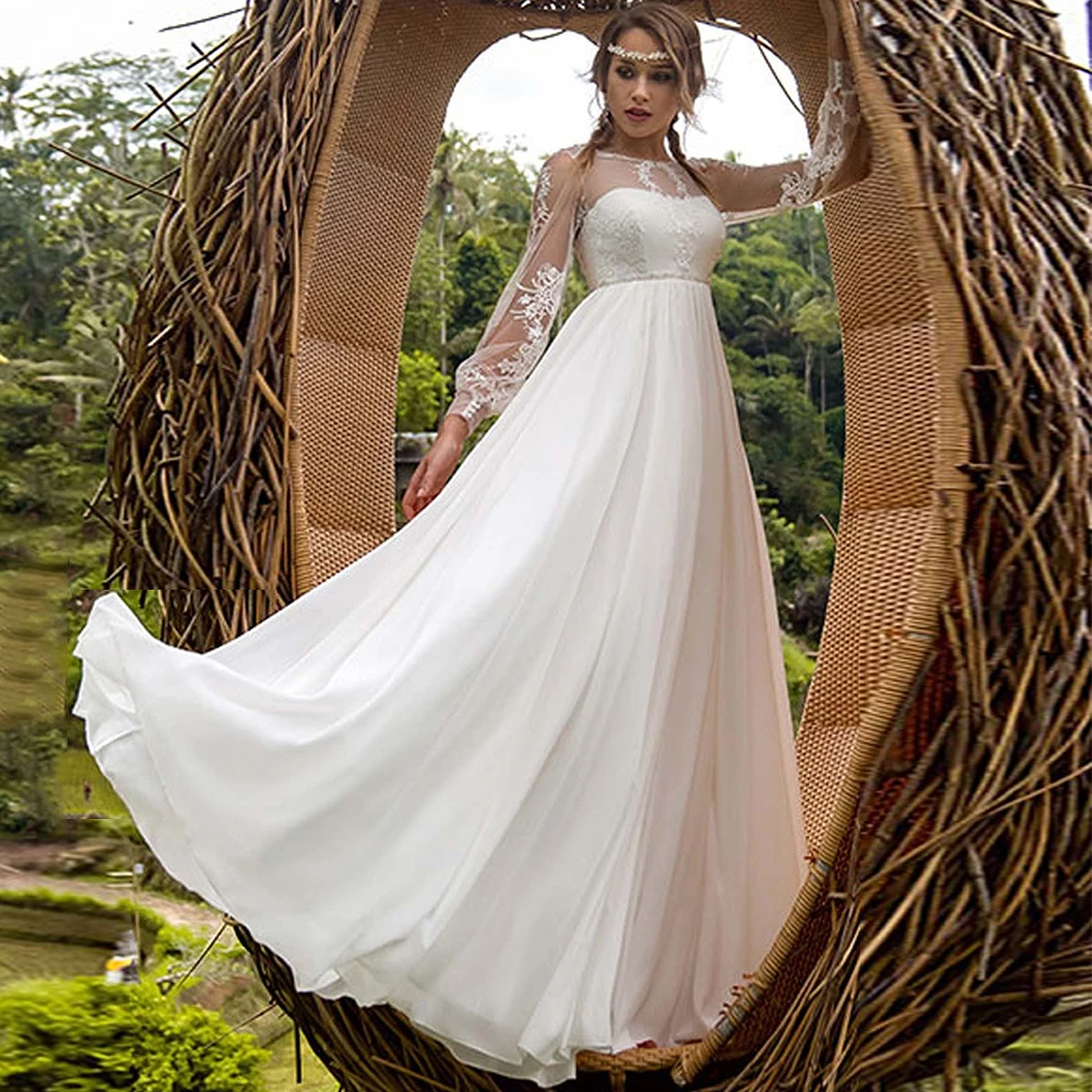 

Lantern Long Sleeve Wedding Dress 2021 O-Neck Illusion Button Backless A-Line Appliques Chiffon Bridal Gowns Floor Length