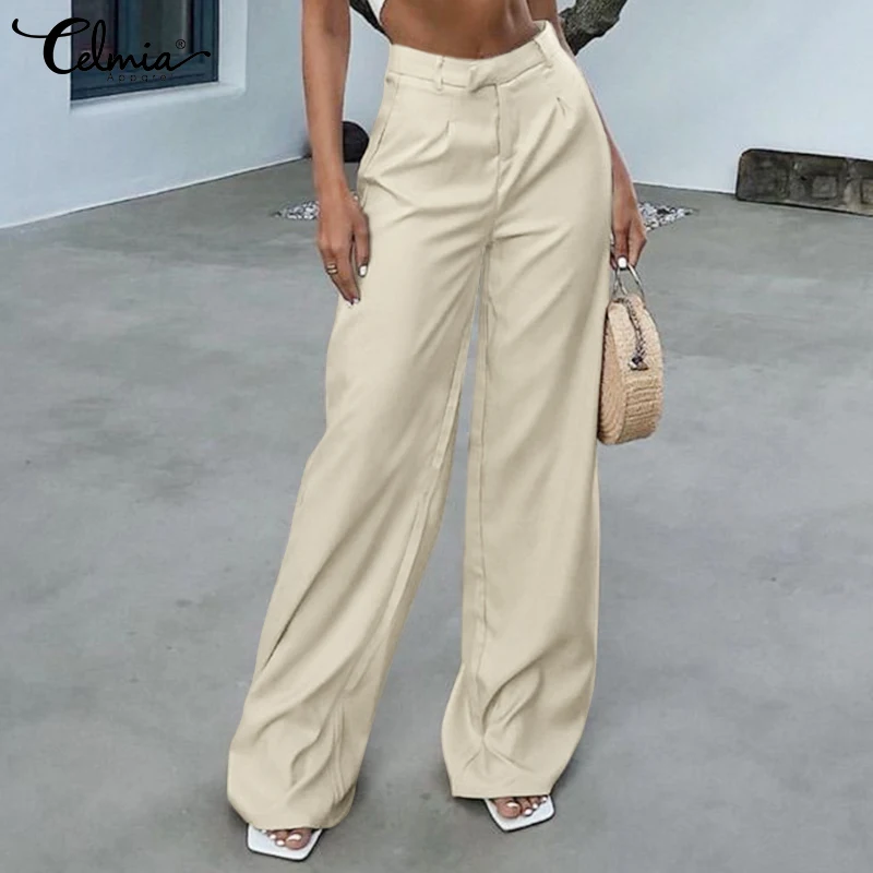 

Celmia Women Styish Wide Leg Pants Elegant High Waist Pockets Slacks 2021 Autumn Casual Office Long Trousers Streetwear Pantalon