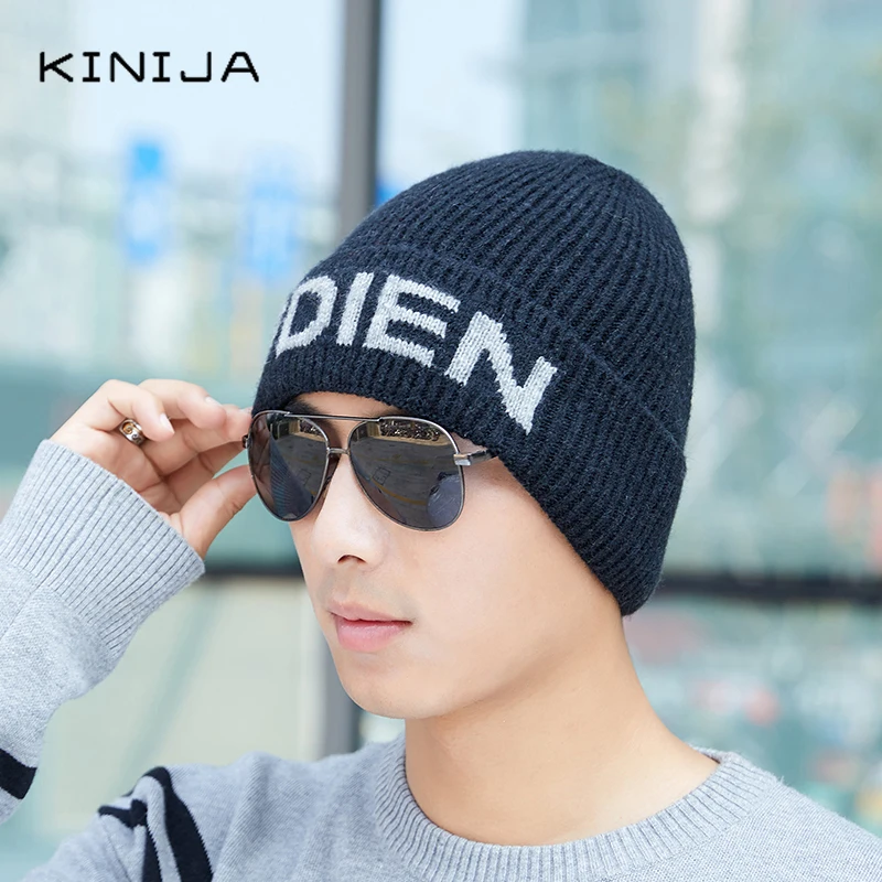 Шапка Вязаная Шерстяная Зимняя плюшевая теплая однотонная пуловер с буквами