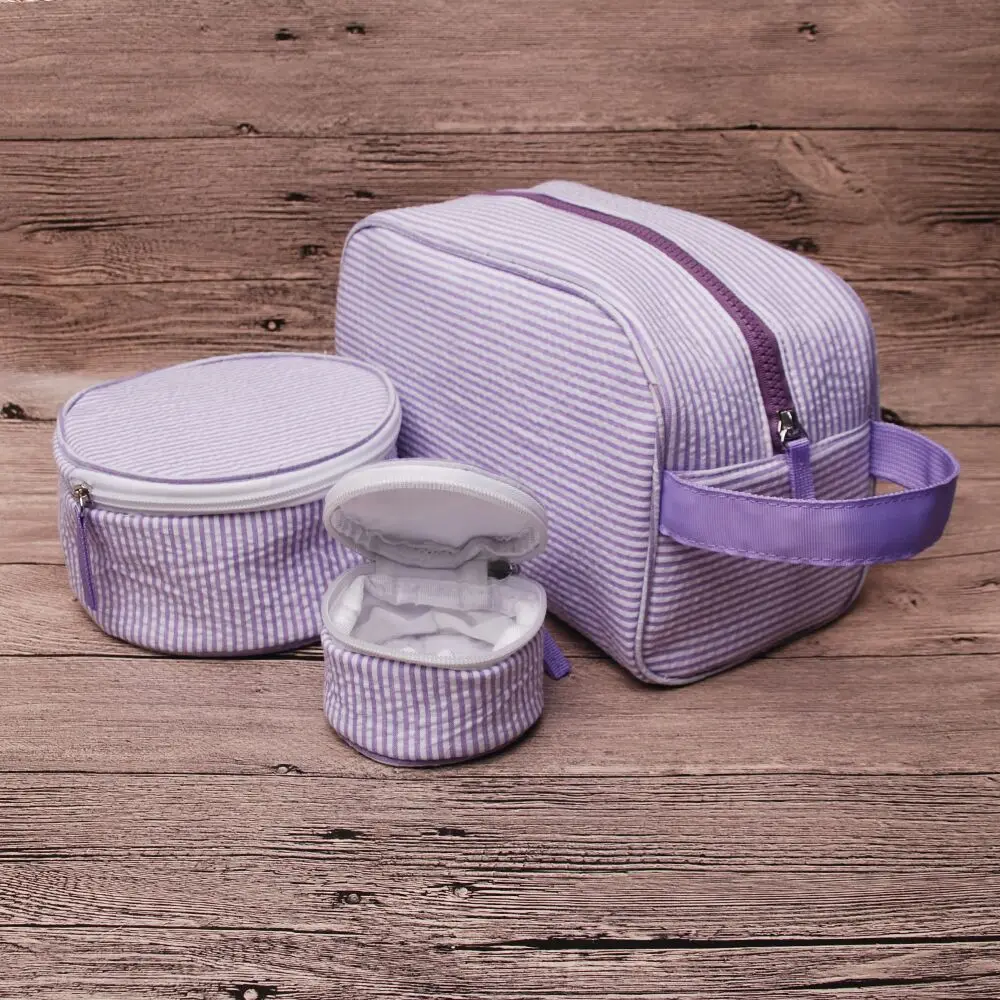 

RTS Small Size Jewellery Case Seersucker Cosmetic Set In 3 Pcs Stripe Makeup Round Jewelry Collection Case Women Toiletry Bag