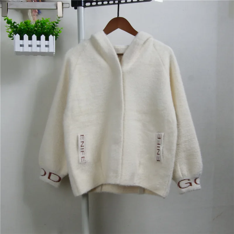 D00800 beige white Осенне-зимняя Светодиодная лампа направленного света, пальто с капюшоном, свитер для женщин, модный принт, повседневные норковые свитера, Толстая теплая верхняя одежда для женщин - Цвет: D00800 beige white