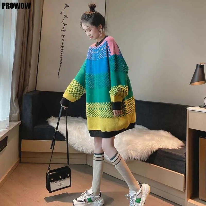 

2020 Female Warm Rainbow Sweater And Pullovers One-Piece Autumn Winter Women Knitwear Korean Woman Oversized Pull Sweaters