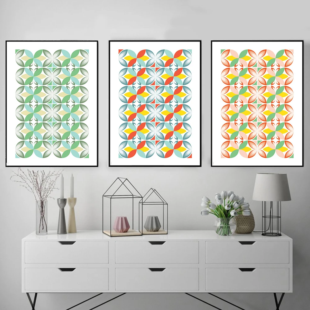 

Rainbow Color Pattern Inspired In Portuguese Geometric Tiles Canvas Print Decorative Painting Poster Neutral Wall Picture Decor
