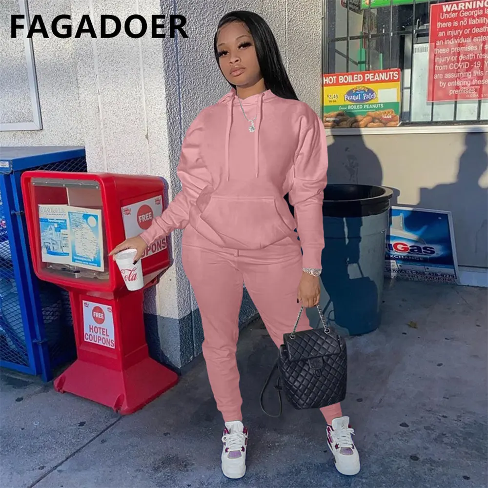

Fagadoer Hoodies Sport Two Piece Set Women Autumn Winter Tracksuit Solid Sweatshirts+Pants Casual Streetwear Women Sweat Suits