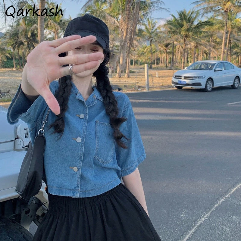 

Shirts Women Cropped Denim Vintage Summer Korean Style Simple Trendy College All-match Sweet Mujer Single Breasted Popular Ins