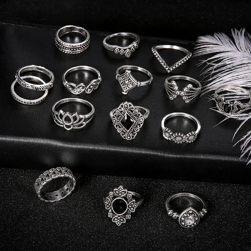  15 Pcs/Set Women Vintage Alloy Hollow out Midi Joint Finger Rings Set Knuckle Ring Jewelry Gifts for Female Girls | Украшения и