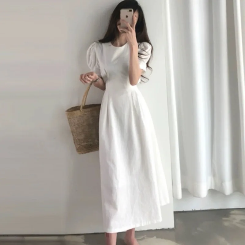 

Vintage Korean Chic Slim Lace Up Waist Solid Dress Puff Sleeve A Line Cotton Linen Dresses forWomen2022new fashion White red
