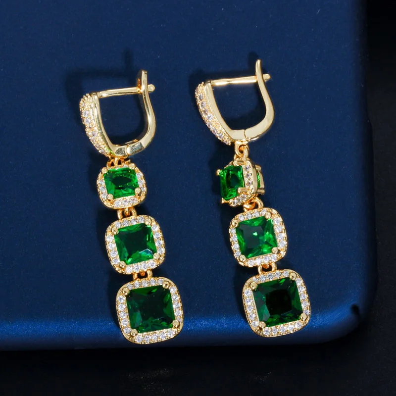 Gold Green Pera классические длинные индийские серьги с 3 большими квадратами и красным кубическим цирконием, винтажные женские вечерние серьги из желтого золота E281 - Окраска металла: Gold Green
