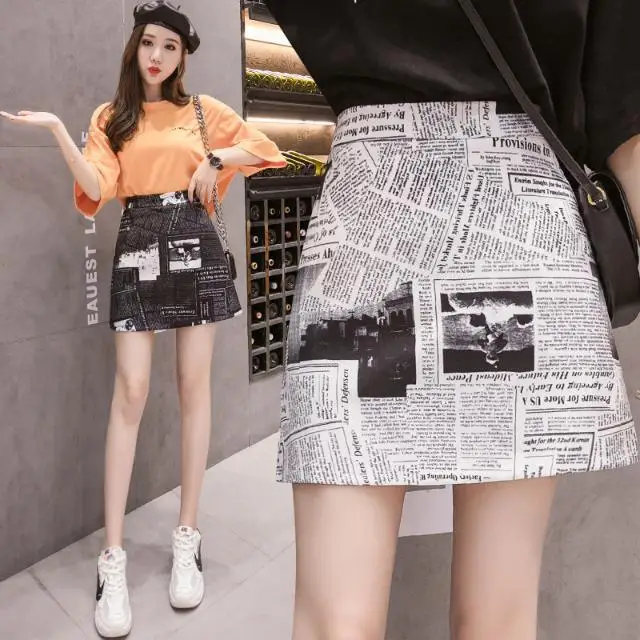 

2021 Summer New Fashion Trend English Newspaper Skirt Trendy High Waist A-line Skirt Short Skirt Magazine Print Skirt