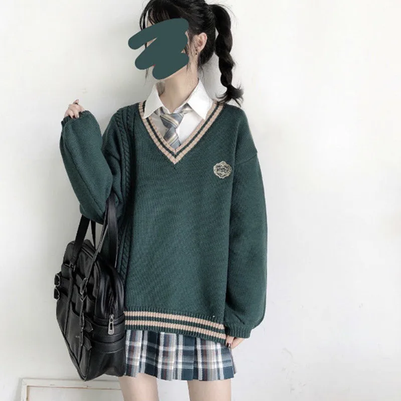 Sweet JK Uniform Pullover Sweater Korean V-neck Female Student Loose Outwear Japanese School College Style | Тематическая одежда и