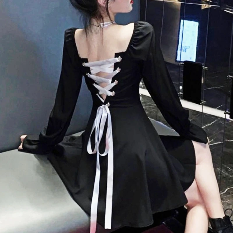 

Elegant Mini Sexy Dress Black Backless Women Design Long Sleeve Dress 2021 Summer Slim Korean One-piece Dress Y2k Party Clothes