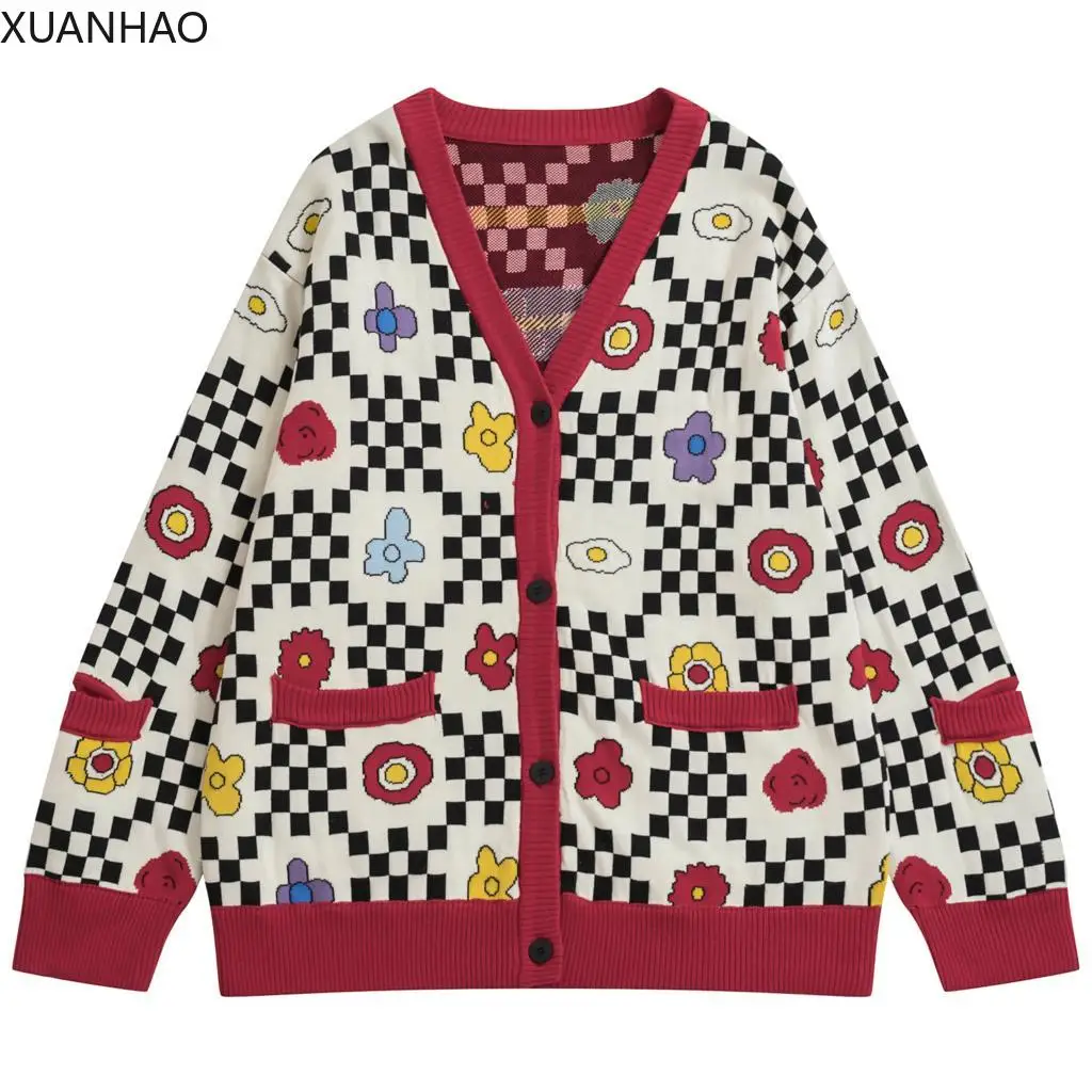 

XUANHAO Vintage Original Design Women Loose Knit Cardigan Coat V Neck Thick Playful Pattern Ladies Sweater Coats Cardigan Jumper