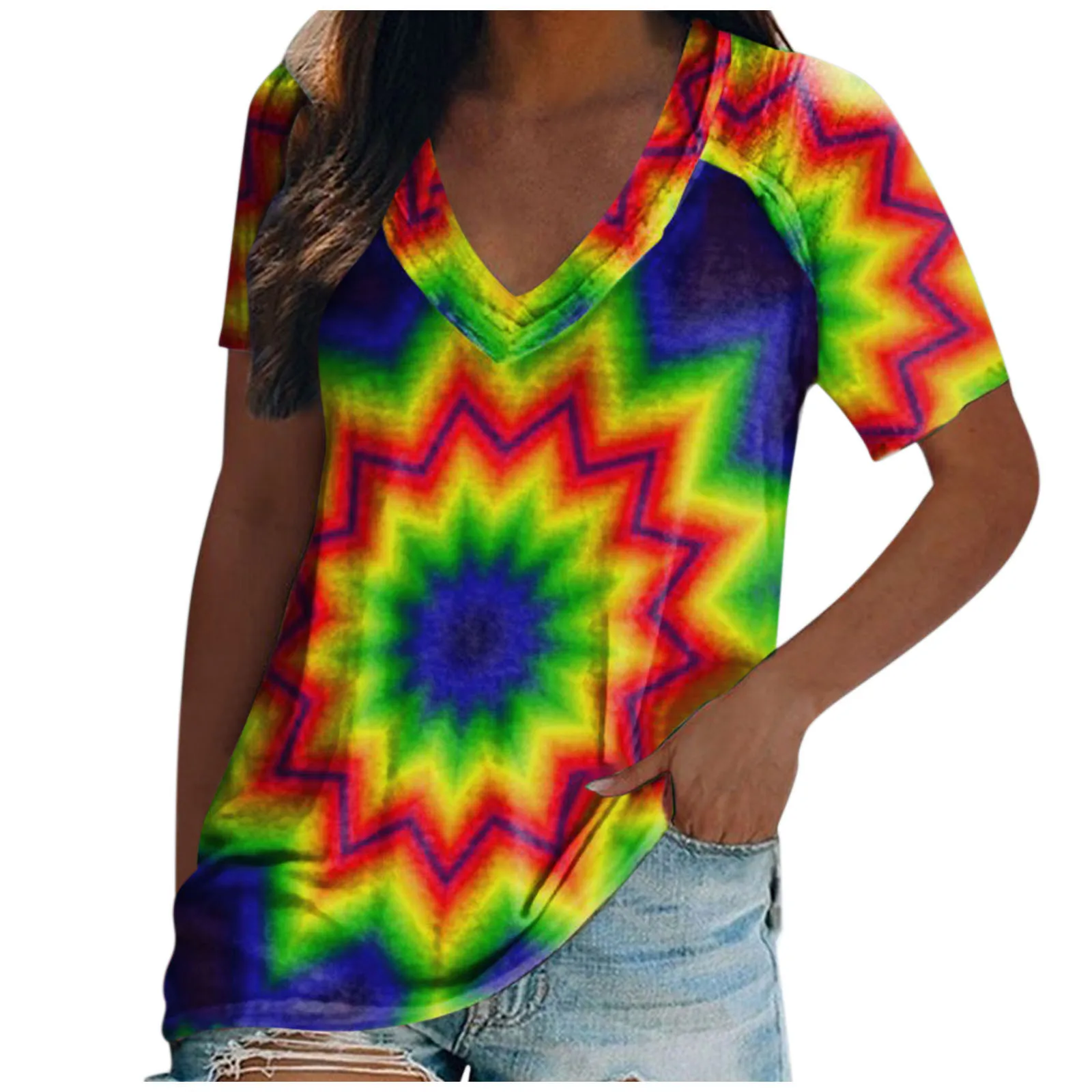 Женская свободная футболка с V образным вырезом и коротким рукавом|Футболки| |