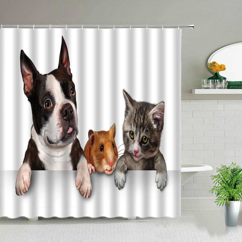 

Funny Animal Fabric Shower Curtains Cute Pet Cat Dog Hamster Print Bathroom Curtain Waterproof Bathtub Decor Screens With Hooks