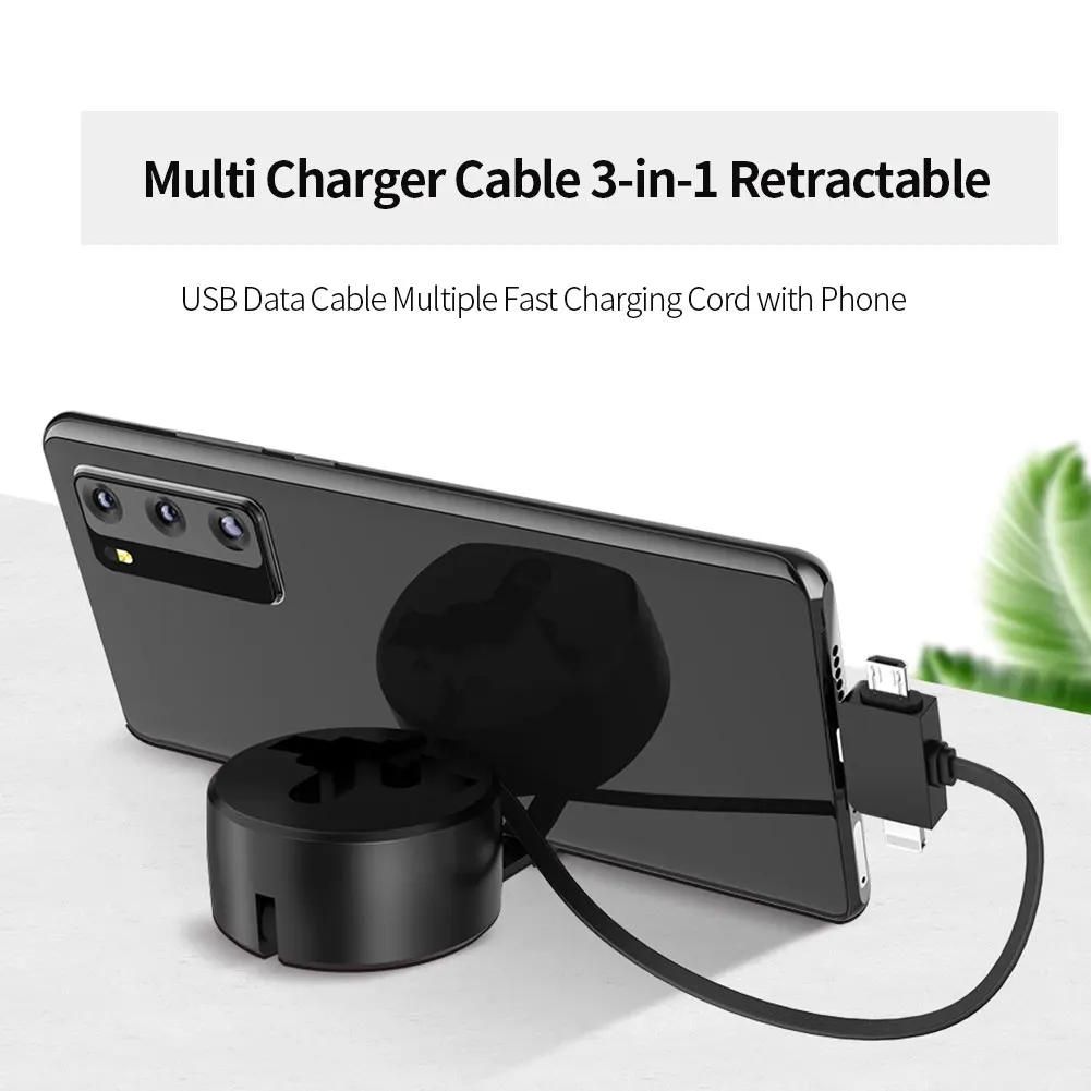 

Multi Portable Charging Cable 3-In-1 Retractable USB Cable With Phone Stand Powerbank Charger Data Cable For All The Cellohone