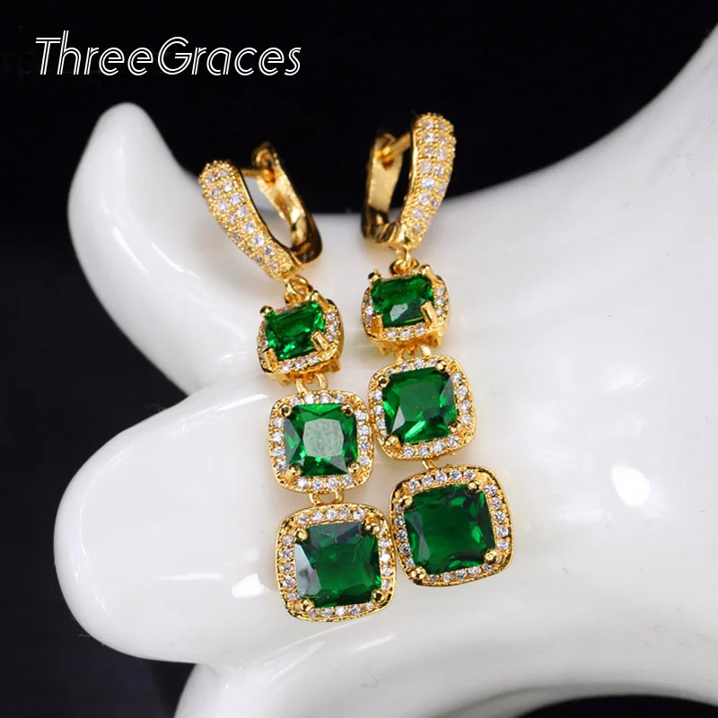 

ThreeGraces Women Gold Color Jewelry Square Inlay Cubic Zirconia Stone Natural Green Crystal Long Dangle Vintage Earrings ER085