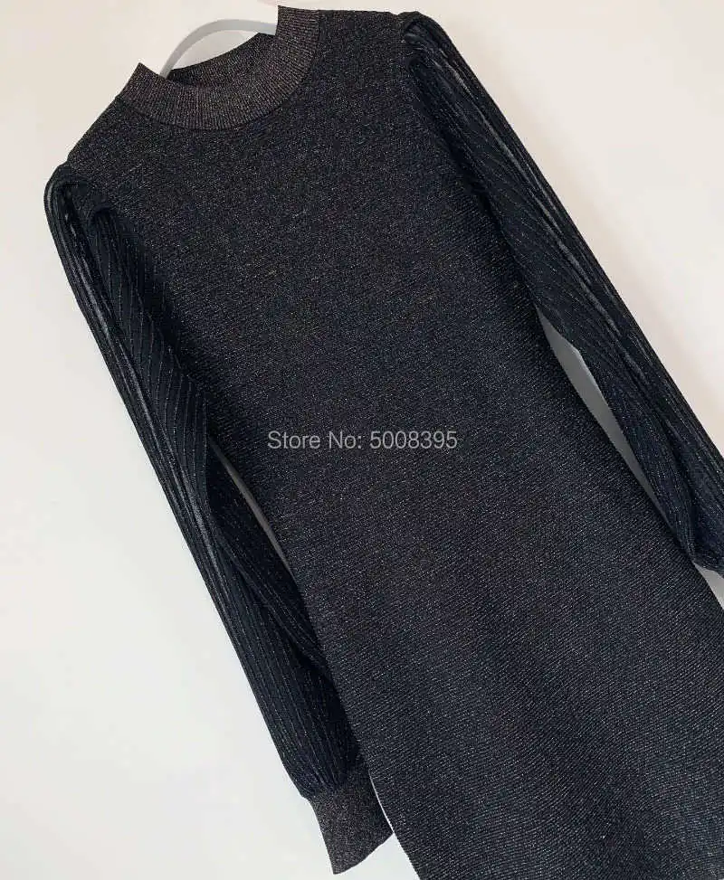

Woman Black Lurex Knitted Mini Dress Round Neck Long Sleeves Fashion Fitted Short Dress 2021ss