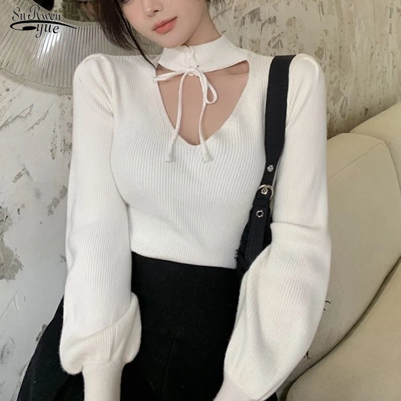 

Sexy Lace-up V-neck Hollow Out Knitted Sweater Fashion Pullover Women Sweater Autumn Lantern Long Sleeve Solid Color Tops 18077