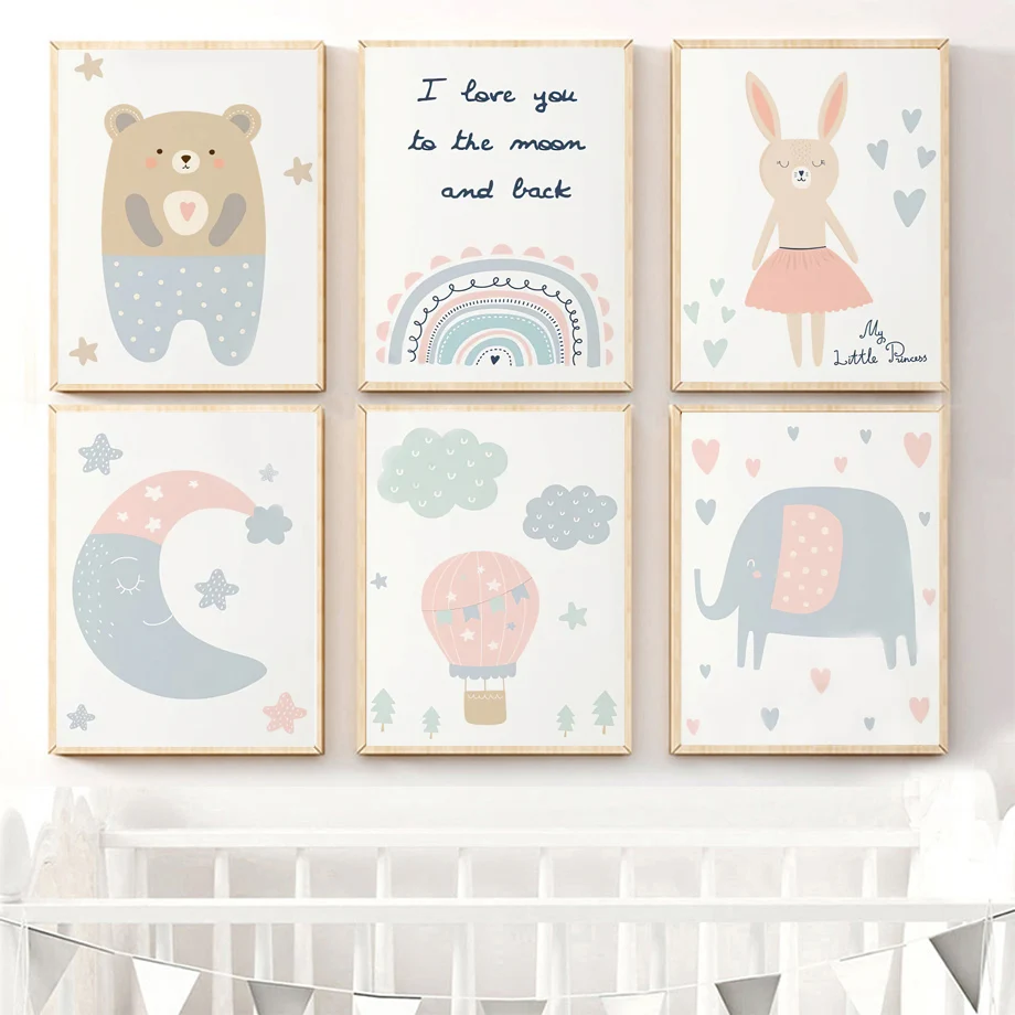 

Nursery Elephant Bears Rabbit Rainbow Moon Baby Wall Art Canvas Painting Nordic Posters And Prints Wall Pictures Kids Room Decor