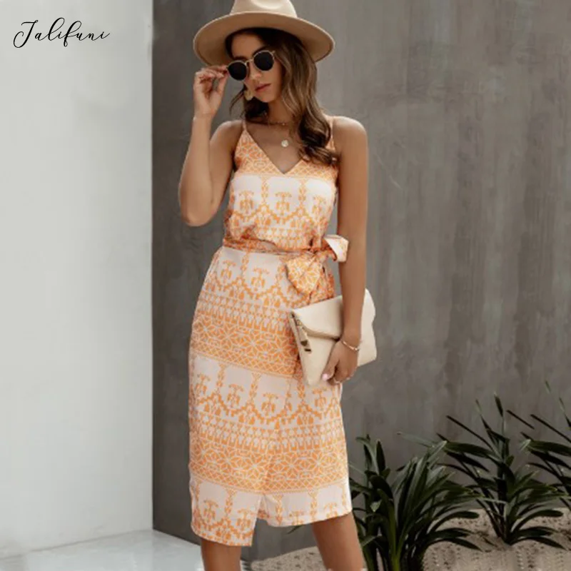 Женское Хлопковое платье миди без рукавов с V образным вырезом и принтом|Женские