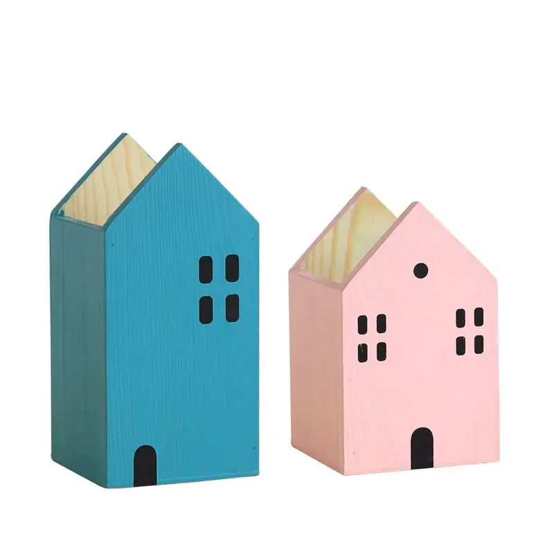 

Cute Nordic House Shape Wood Pen Holder Desktop Organizer Makeup Storage Stand Box Creative School Office Stationery