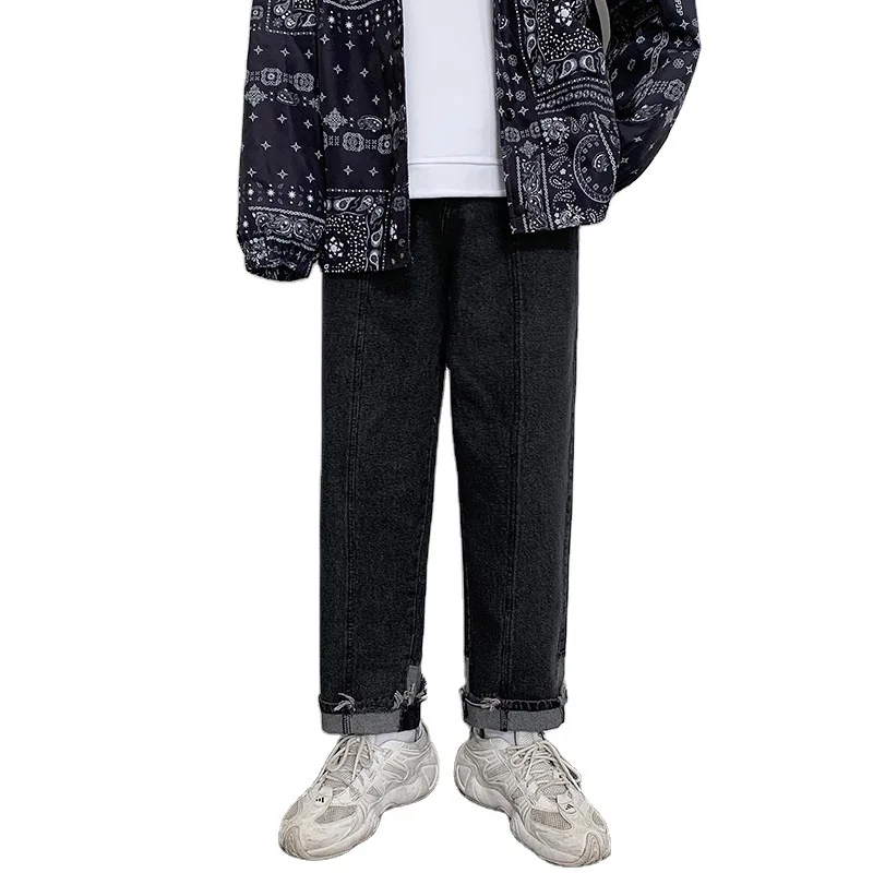 ICCLEK 2021 Autumn New Cuffed Jeans Straight Jeans Men's Wide-leg Pants Loose Retro Trousers  Mens Loose Jeans  Painted Jeans