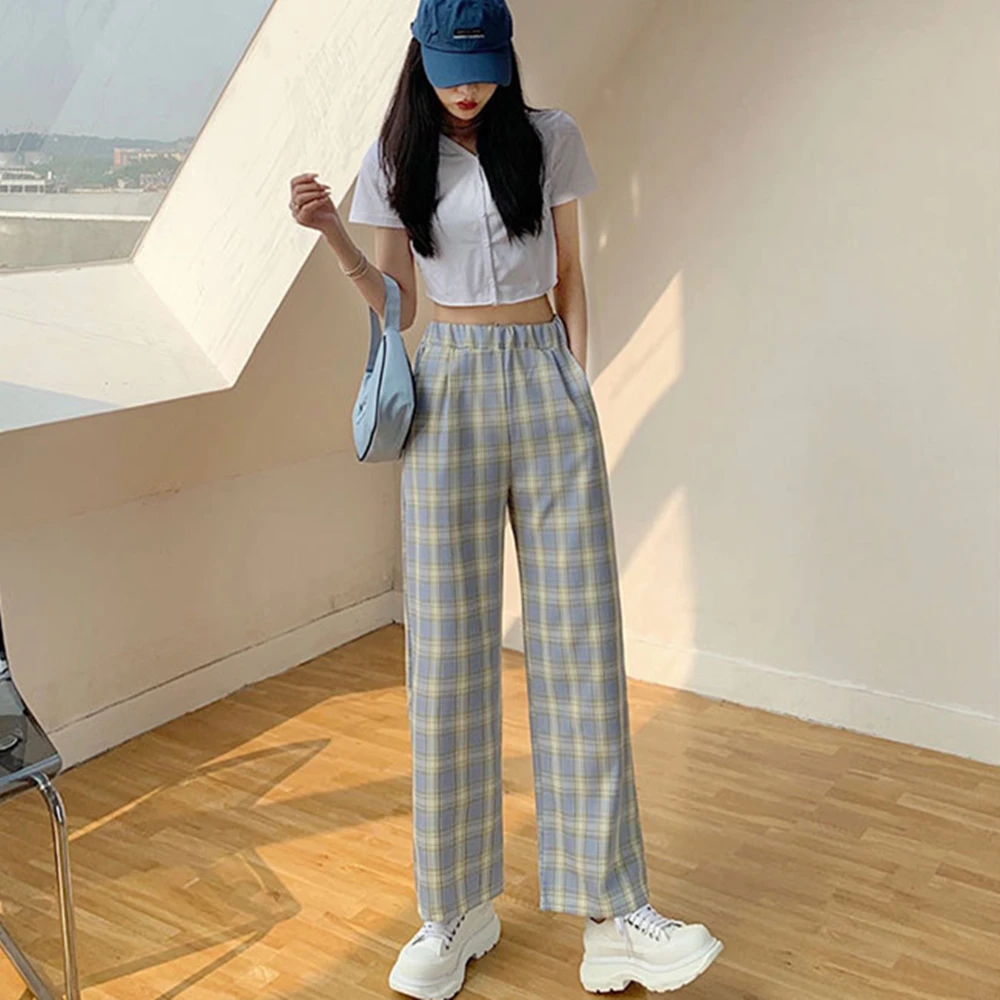 Клетчатые брюки в стиле Харадзюку женские оверсайз с широкими штанинами женская
