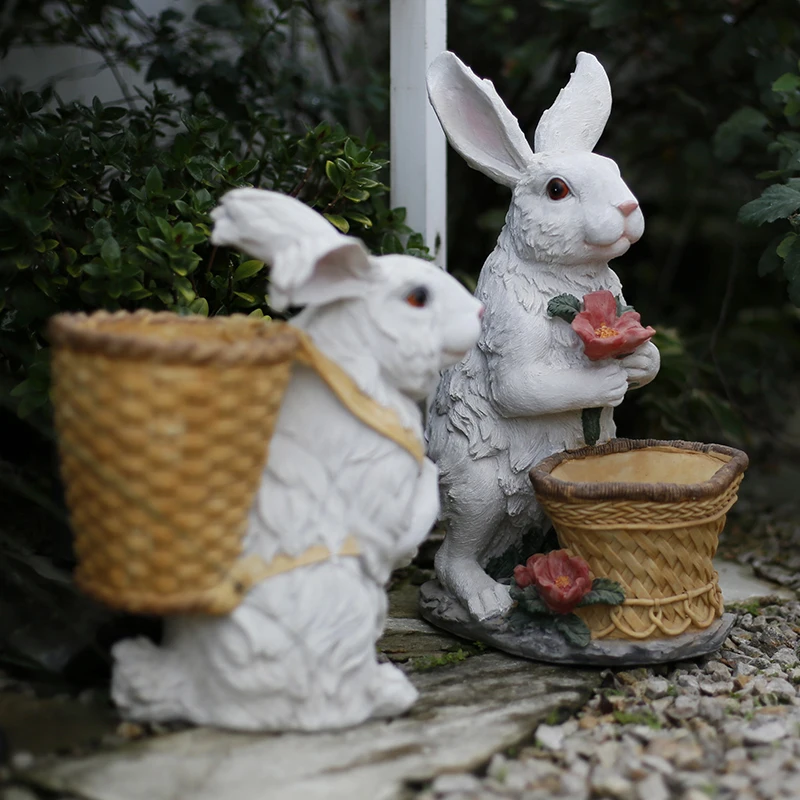 Pastoral Simulation Animal White Rabbit Succulent Plant Flowerpot Resin Ornaments Outdoor Courtyard Figurines Decoration Crafts