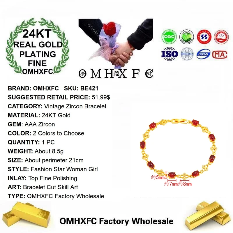 OMHXFC Wholesale BE421 European Fashion Fine Woman Girl Party Birthday Wedding Gift Vintage AAA Zircon 24KT Gold Bracelet Bangle | Украшения